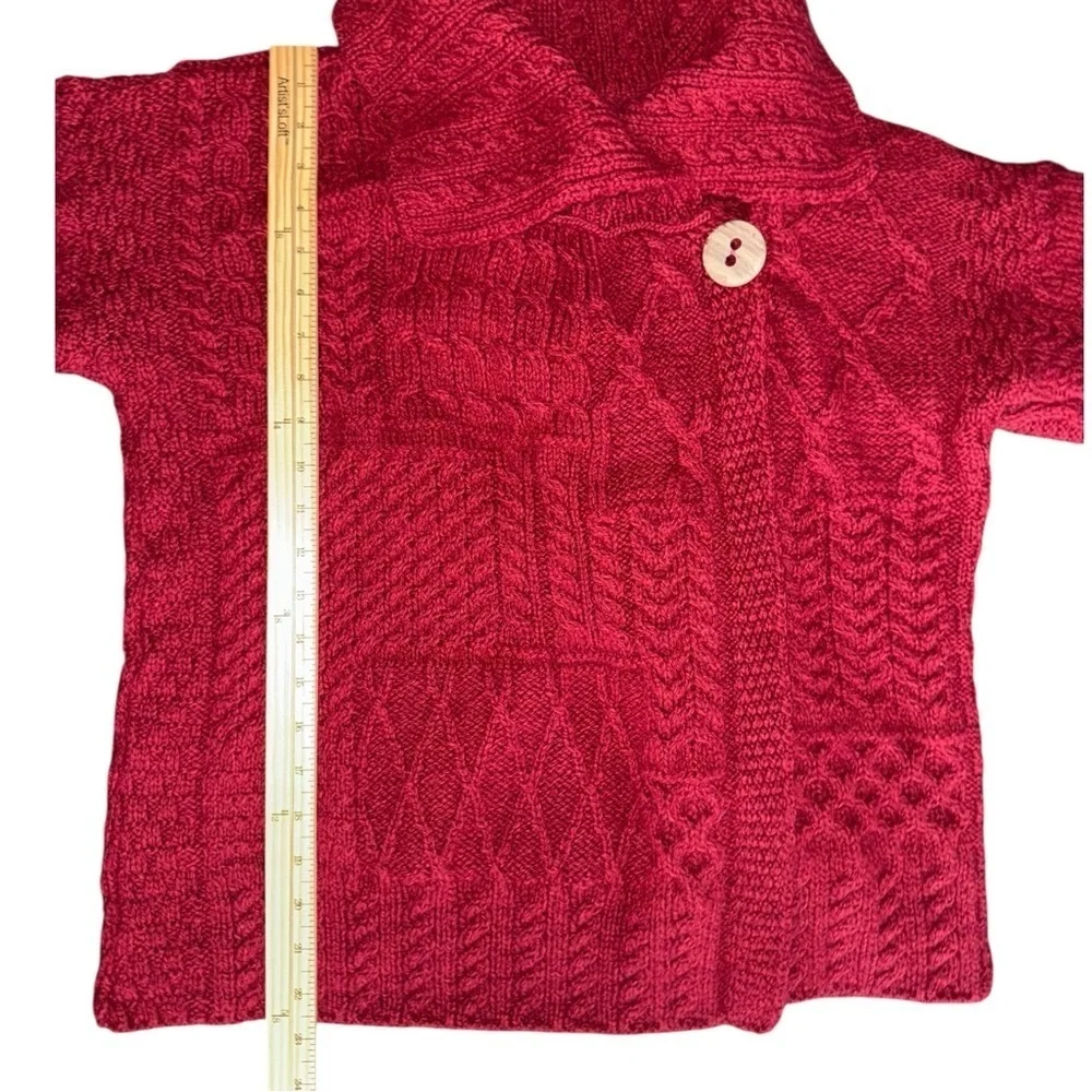 Aran Red Wool Cardigan Irish Patchwork Wrap Button Collar Merino XL - Picture 9 of 16